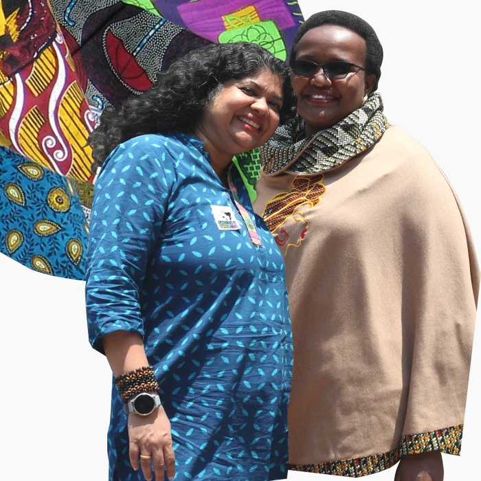 Collage of Rachel Kagoiya and Anasuya Sengupta with a colourful chitenge fabric background.